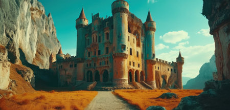 Fantasy landscape with medieval castle in the mountains. 3d renderingの素材