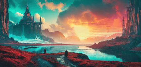 Fantasy landscape with castle on the lake. 3D illustration.の素材