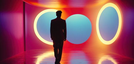 Silhouette of a man standing in front of an orange and blue circleの素材