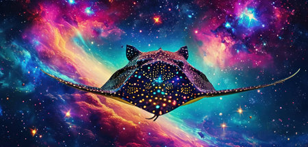 Manta ray in outer space. Colorful background. 3D renderingの素材