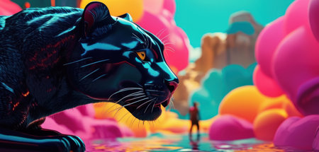 3D illustration of a young man standing in front of a big black tiger with colorful balloonsの素材