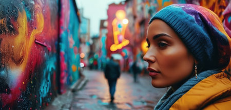 young african american woman looking away while walking in street with graffitiの素材
