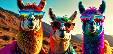 Group of alpaca wearing sunglasses and colorful headband in the desertの素材