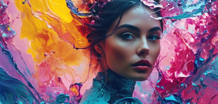 Fashion art portrait of young beautiful woman with bright make-up and creative hairstyleの素材