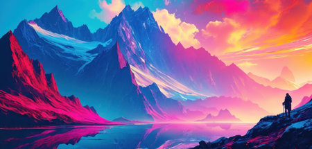 Fantasy alien planet. Mountain and lake. 3D illustration.の素材