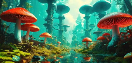 Fantasy landscape with mushrooms in the forest. 3d illustration.の素材