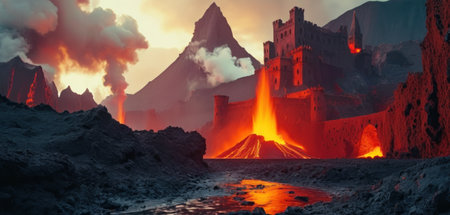 Fantasy landscape with ruins of a medieval castle. 3d renderingの素材