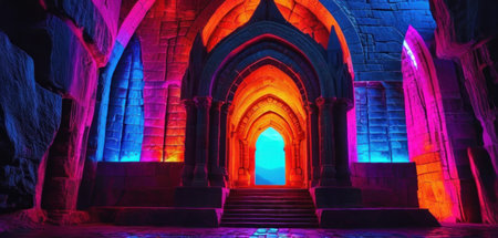 Mysterious medieval stone cathedral with glowing blue neon light. 3D renderingの素材