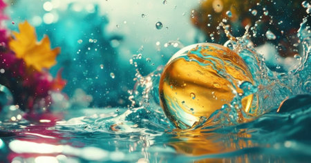 Water drops fall into the water. Splash effect of water and bubbles.の素材