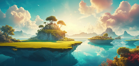 Fantasy landscape with island in the sea. 3d illustration.の素材