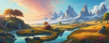 Fantasy landscape with mountains, meadow and river. Digital painting.の素材