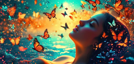 Beautiful young woman with butterflies flying around her. 3d renderingの素材