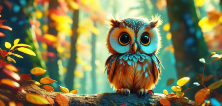 Owl in the autumn forest. Colorful background with owl.の素材