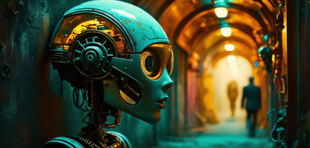 Futuristic robot head in a tunnel. 3d rendering.の素材