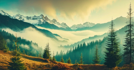 Panoramic view of foggy mountains. Beautiful nature landscape.の素材