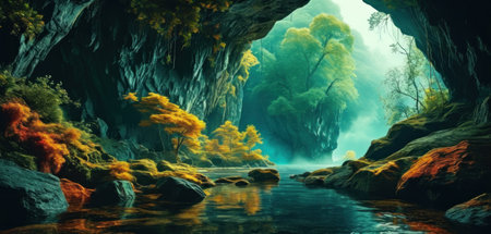 Fantasy landscape with a river and a cave. 3d renderingの素材