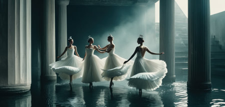 Three beautiful ballerinas in white dresses dancing in a dark room with columnsの素材