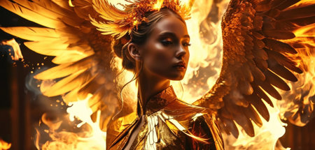 Portrait of a beautiful young woman with golden wings on fire backgroundの素材