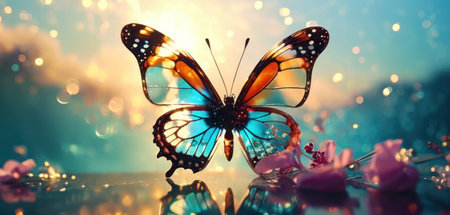 Beautiful butterfly and flowers on bokeh background with copy spaceの素材