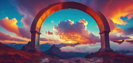 Fantasy alien planet. Mountain and sky. 3D illustration.の素材