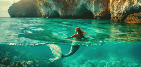 Beautiful mermaid swims in the ocean. Underwater world.の素材