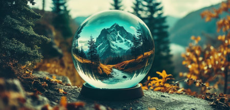 Crystal ball with mountain and forest background. 3D Rendering.の素材