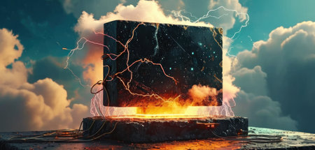 Computer monitor with lightning in the sky. 3D rendering. Mixed mediaの素材