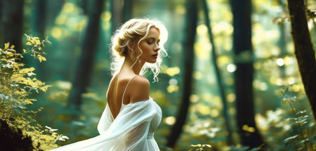 Beautiful blonde woman in the forest. Beauty, fashion. Cosmetics and make-up.の素材
