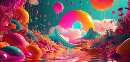 Fantasy landscape with colorful balloons floating in water. 3d illustrationの素材