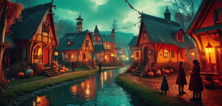 Halloween scene with pumpkins in a village at night. 3d renderingの素材