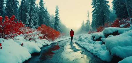 Winter landscape with a frozen river and a man in a red jacketの素材