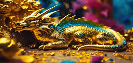 Golden dragon statue on golden background, close-up. Chinese new year conceptの素材