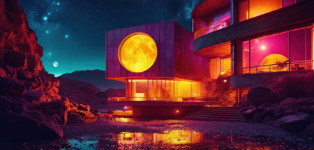 3d rendering of modern cozy chalet with pool and parking for sale or rent. Beautiful night view of the mountains.の素材