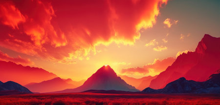 Mountain landscape at sunset. Sunrise over the mountain range. 3d renderの素材