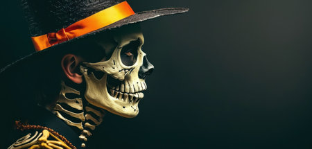Close-up portrait of a man in a skeleton costume. Halloween concept.の素材