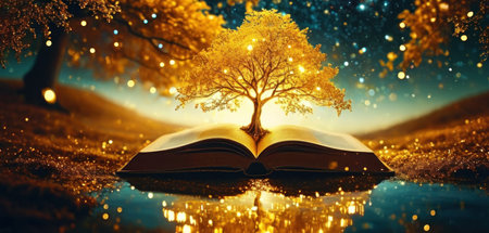 Tree growing from an open book. Conceptual image of education and knowledge.の素材