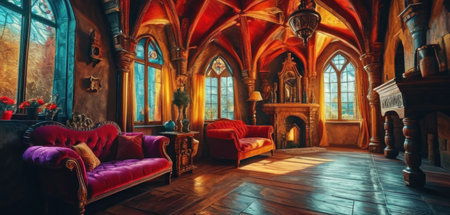 Luxury interior of an old castle with fireplace and armchairの素材