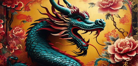 Dragon on the background of the ancient Chinese wall, close-upの素材