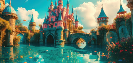 Fantasy landscape with fantasy castle and pond. 3d rendering.の素材