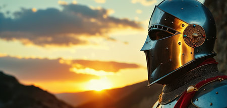 Knight in armor on the background of the sunset. Selective focus.の素材