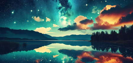 Fantasy landscape with lake and starry sky. Elements of this image furnished by NASAの素材