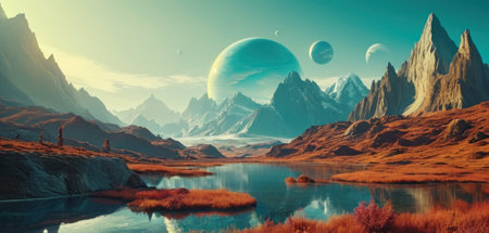 Fantasy alien planet. Mountain and lake. 3D illustration.の素材