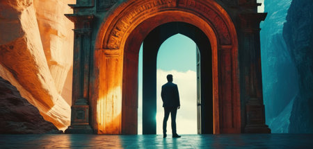 Businessman standing in front of the entrance to the ancient city of Petraの素材