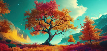 Fantasy landscape with autumn tree. 3D illustration. Digital painting.の素材