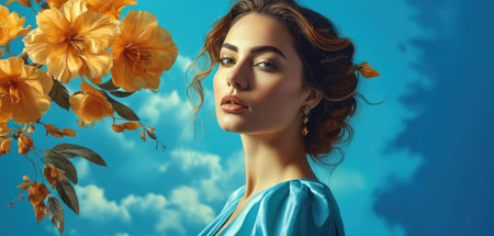 Beautiful young woman with flowers in her hair on a blue backgroundの素材