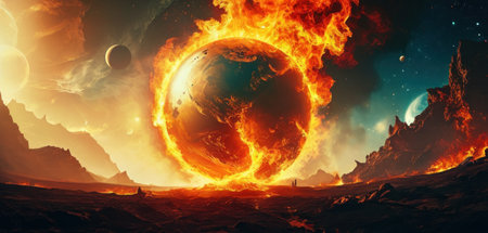 Image of planet in fire against the background of the moon and starsの素材