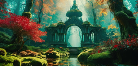 Fantasy landscape with a gazebo in the forest.の素材