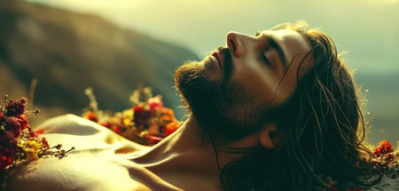Close-up portrait of a beautiful young brunette woman with long hair and closed eyes lying on the beach.の素材