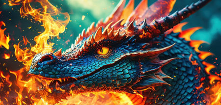 Dragon head on fire background. Fantasy dragon head with fire flames.の素材