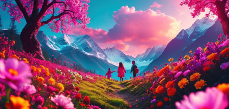 Cute little girls with flowers on the meadow against the background of the mountainsの素材